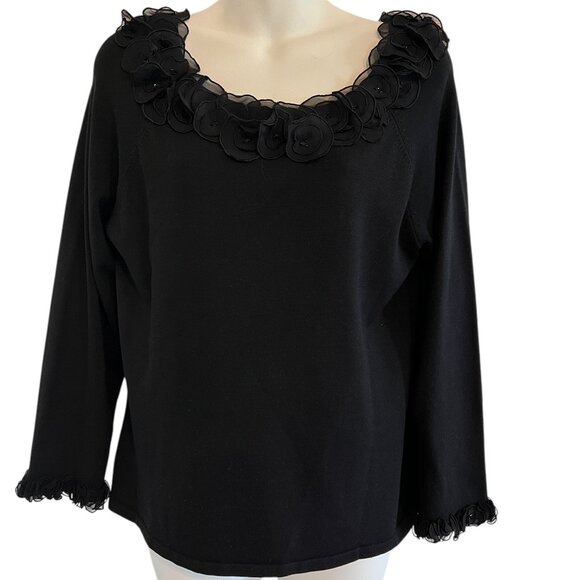 Talbots Silk Blend Luxury Flower Petals Rhinestones Black Blouse Sweater Top L - Picture 2 of 7